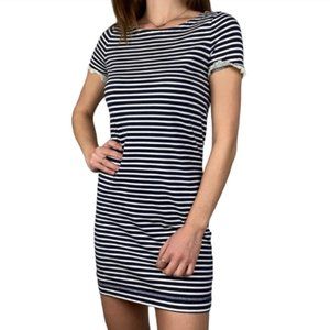 J. Crew Striped White Trim Ruffle Sleeve T-Shirt Dress Extra Small Navy XS EUC